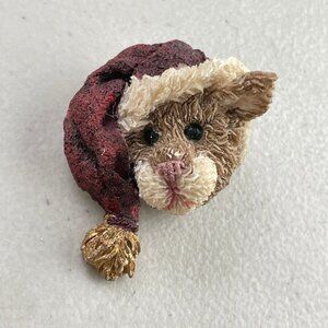 Vintage Christmas Kitty Pin Cat with Santa Claus Hat Textured Lapel Pin Gift